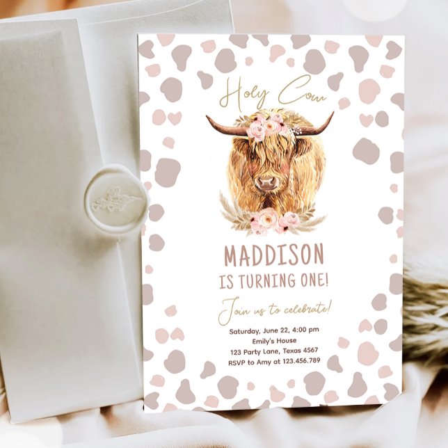 Boho Holy Cow Highland Pampas 1st First Birthday  Invitation (Creator Uploaded)