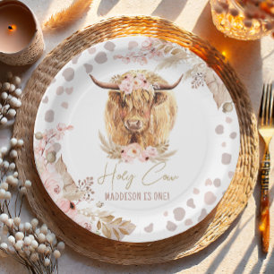 Boho Holy Cow Highland Pampas 1st First Birthday Paper Plate