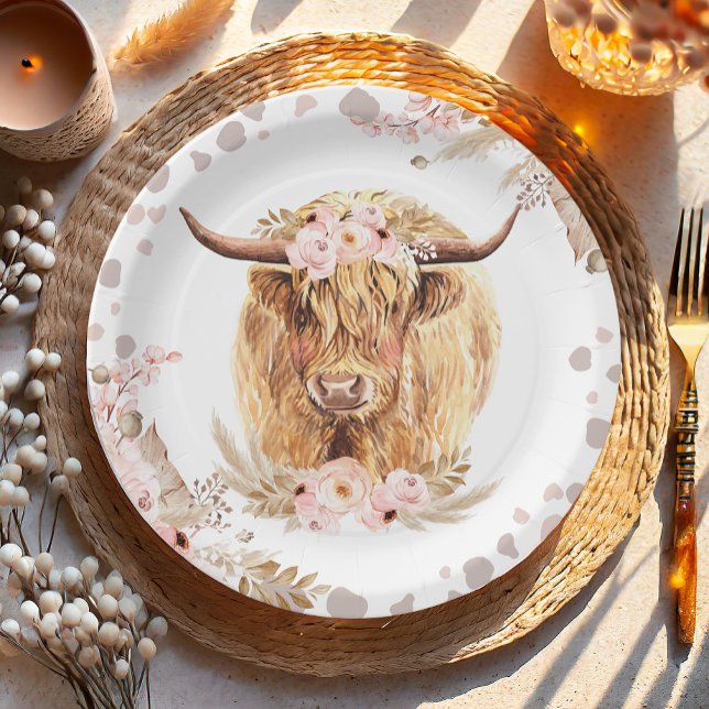 Boho Holy Cow Highland Pampas 1st First Birthday   Paper Plate (Creator Uploaded)