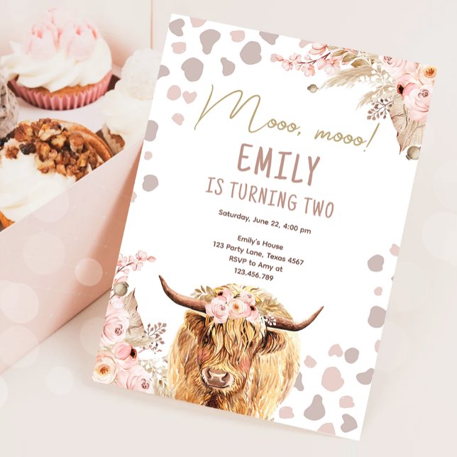 Boho Holy Cow Highlander Pampas Farm Girl Birthday Invitation (Creator Uploaded)