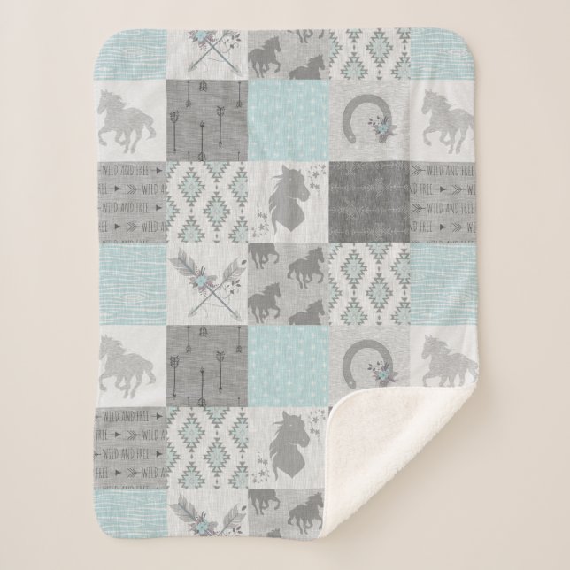 BoHo Horse Sherpa Blanket - Aqua/Grey (Front)
