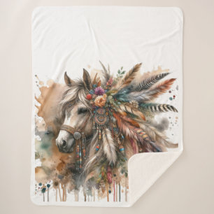 Boho Horse with feathers Sherpa Blanket