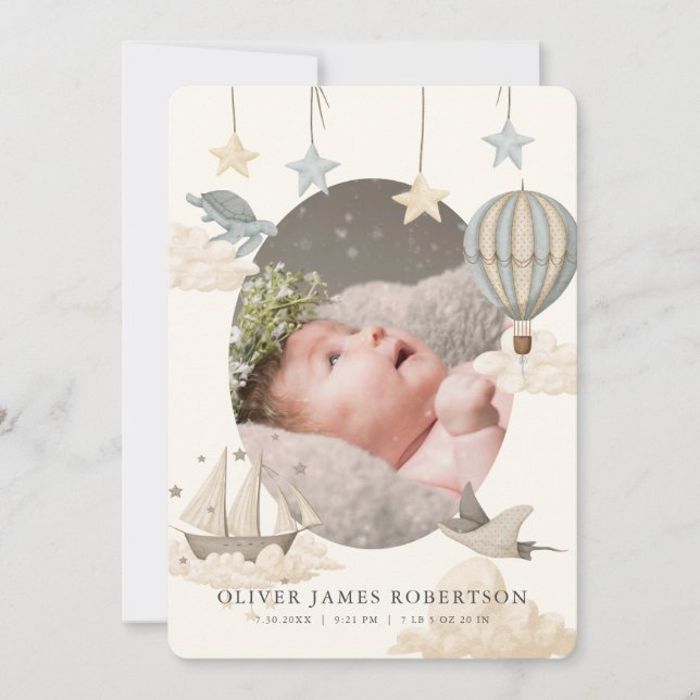 Boho Hot Air Balloon Sky Boy Birth Announcement (Front)