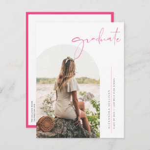Boho Hot Pink Minimalist Arch Photo Graduation Invitation Postcard