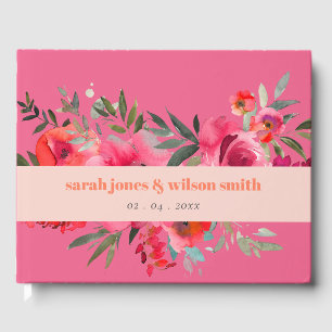 Boho Hot Pink Orange Floral Watercolor Wedding Guest Book
