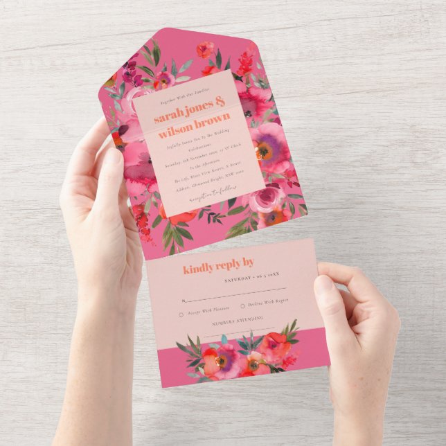 Boho Hot Pink Orange Watercolor Floral Wedding All In One Invitation (Tearaway)