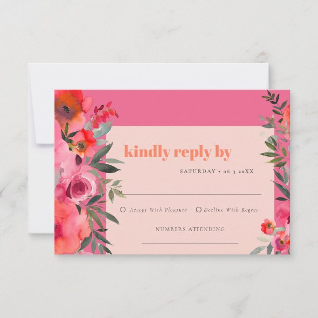 Boho Hot Pink Orange Watercolor Floral Wedding RSVP Card (Front)