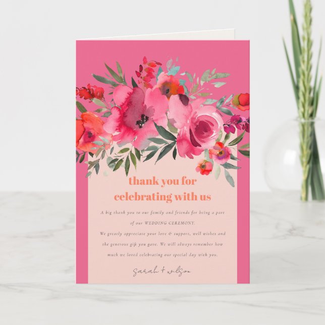 Boho Hot Pink Orange Watercolor Floral Wedding Thank You Card (Front)