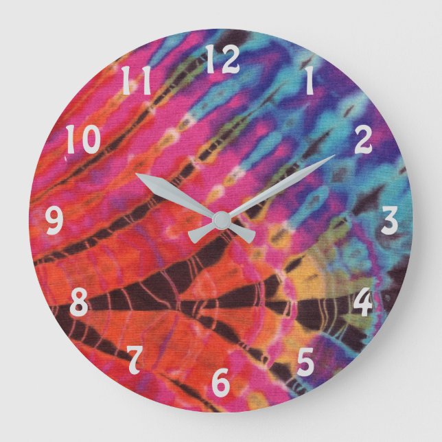 Boho Hot Pink Teal Blue Abstract Batik Tie Dye Art Large Clock (Front)
