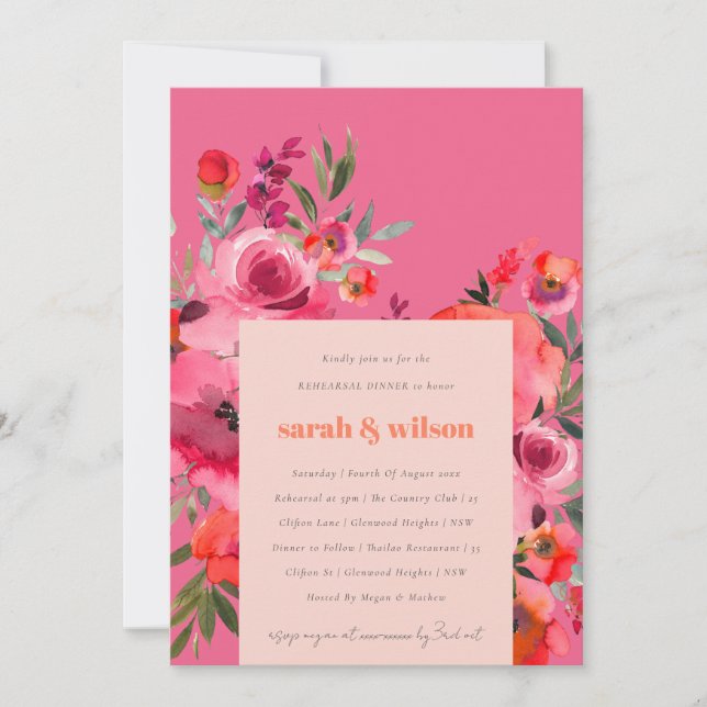 Boho Hot Pink Watercolor Floral Rehearsal Dinner Invitation (Front)