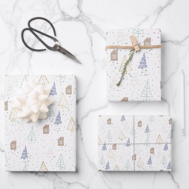 Boho House and Trees Christmas Wrapping Paper Sheet (Front)