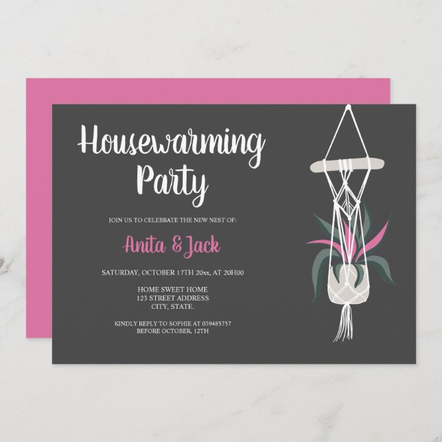 Boho house plants floral grey pink housewarming invitation (Front/Back)