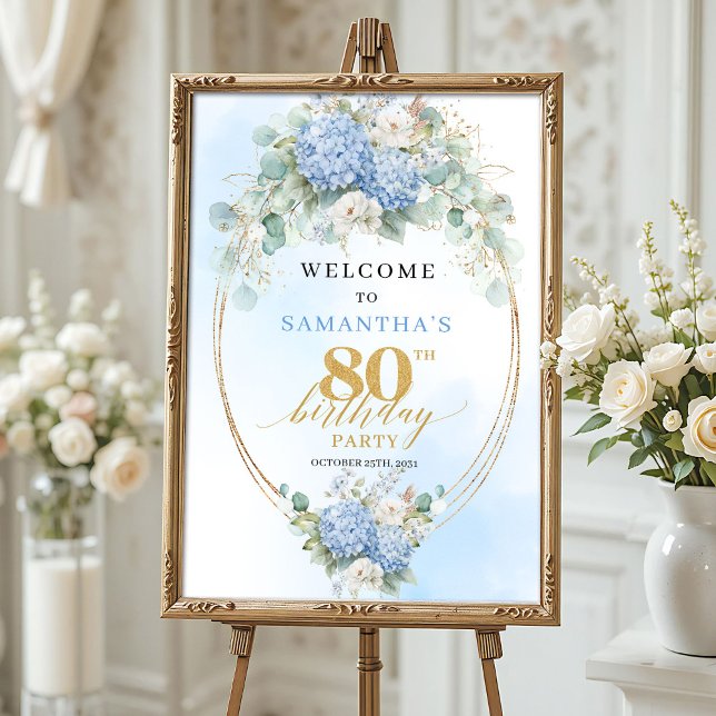 Boho Hydrangeas Dusty Blue 80th birthday welcome Poster (Boho Hydrangeas Dusty Blue 80th birthday welcome)