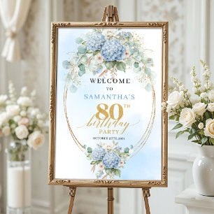Boho Hydrangeas Gold Dusty Blue 80th birthday welc Poster