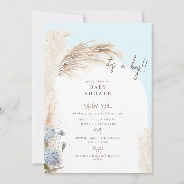 Boho Icy Blue Pampas Baby Shower  Invitation (Front)