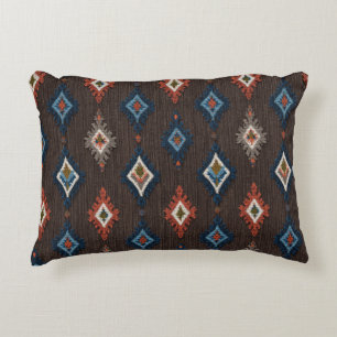 Boho Ikat Accent Pillow – Earthy Brown with Coral