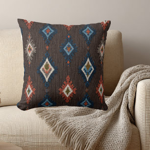 Boho Ikat Pattern Throw Pillow – Brown and Navy