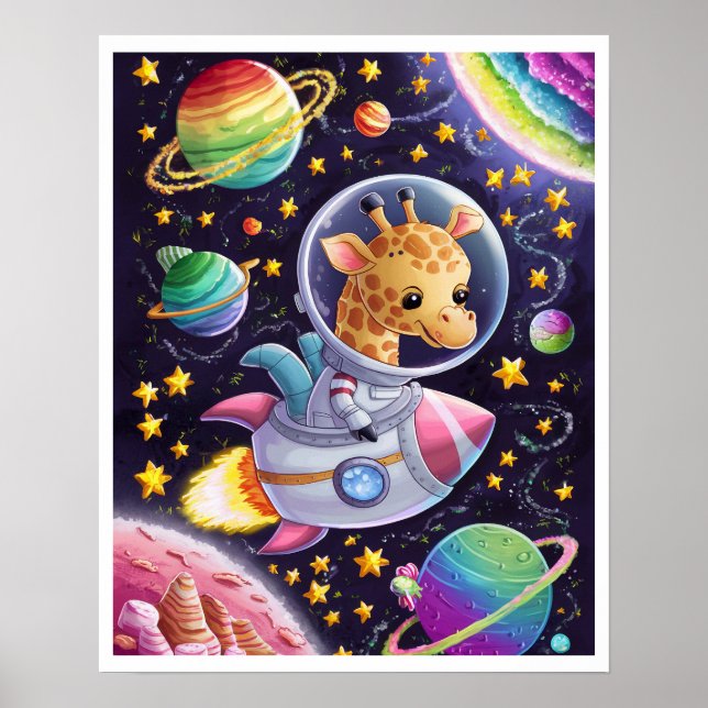 Boho Illustration Girafe navigating through Space Poster (Front)