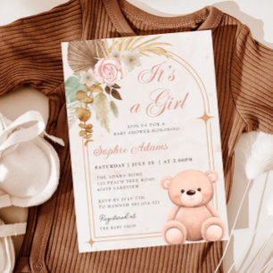 Boho It's a Girl Teddy Bear Pink Baby Shower Invitation