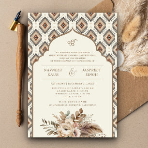 Boho Ivory Beige Ikat Anand Karaj Sikh Wedding Invitation
