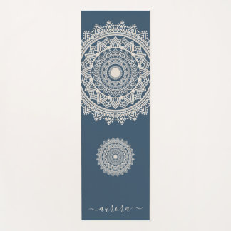 Boho Ivory Mandala on Blue Custom Name Yoga Mat