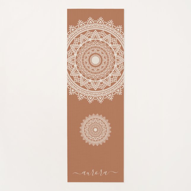 Boho Ivory Mandala on Terracotta Custom Name Yoga Mat (Front)