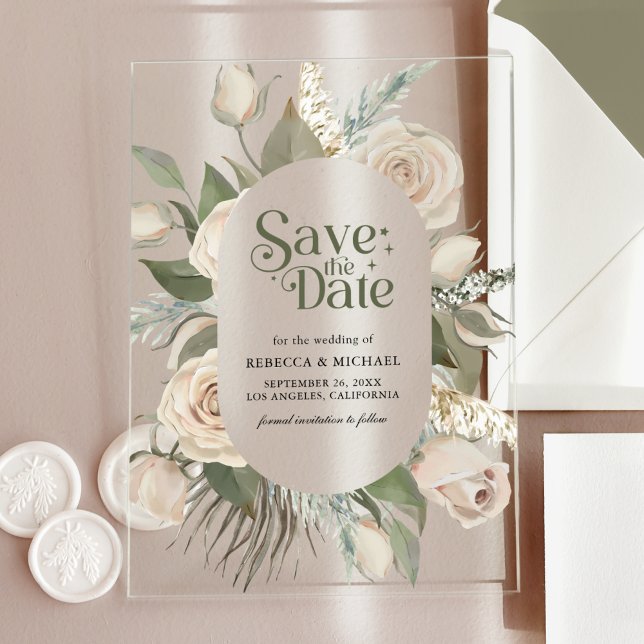 Boho Ivory Roses Sage Green Wedding Save the Date Acrylic Invitations (Creator Uploaded)