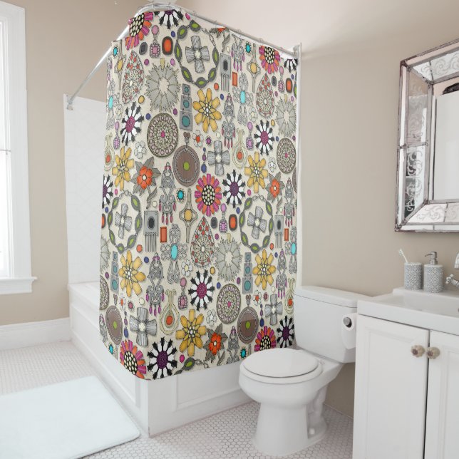 boho jewel treasures linen shower curtain (In Situ)