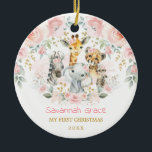 Boho Jungle Animals Pink Floral Baby 1st Christmas Ceramic Ornament<br><div class="desc">This dreamy design features illustration of a collection of adorable jungle animals surrounded by gorgeous blush pink flowers and delicate watercolor greenery</div>