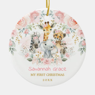 Boho Jungle Animals Pink Floral Baby 1st Christmas Ceramic Ornament