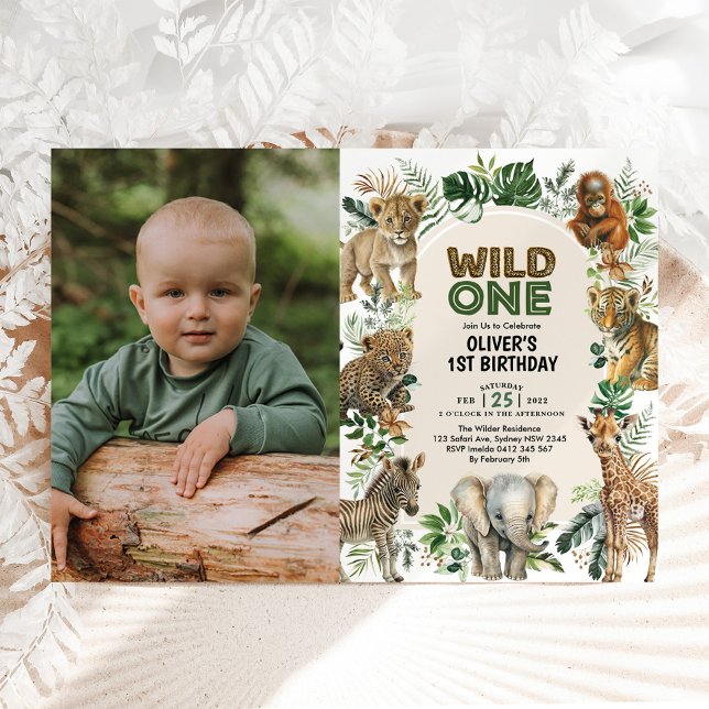 Boho Jungle Animals Wild One 1st Birthday Photo Invitation (Creator Uploaded)