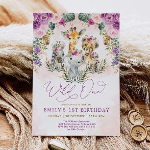 Boho Jungle Animals Wild One Girl 1st Birthday Invitation