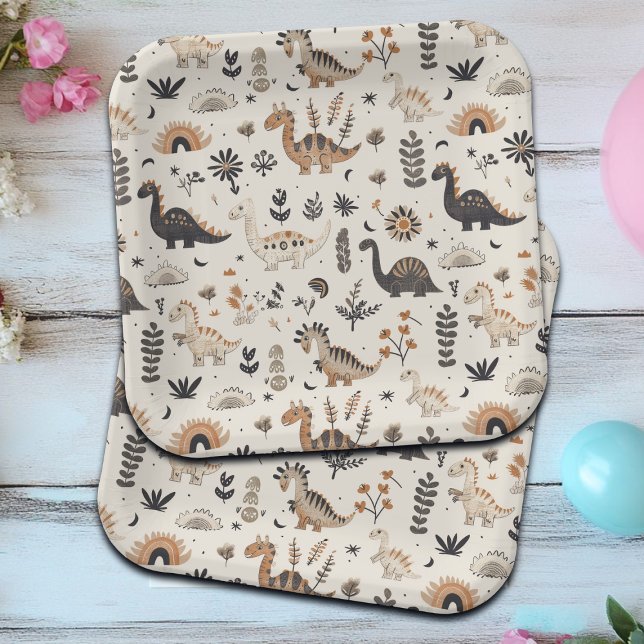 Boho Jungle Dinosaur Pattern Birthday Paper Plate (Creator Uploaded)