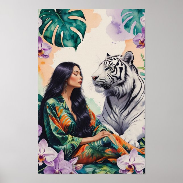 Boho Jungle Dreamscape White Tiger & Woman Poster (Front)