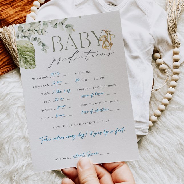 Boho Jungle Safari Baby Shower Predictions Card (In a rush? Order this Baby Predictions game as a digital download and print at home.)