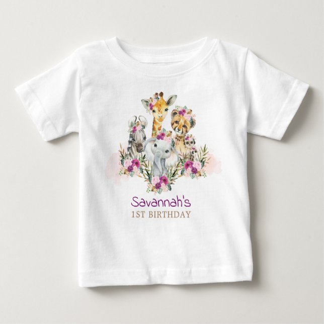 Boho Jungle Safari Wild Animals Baby Birthday T-Shirt (Front)
