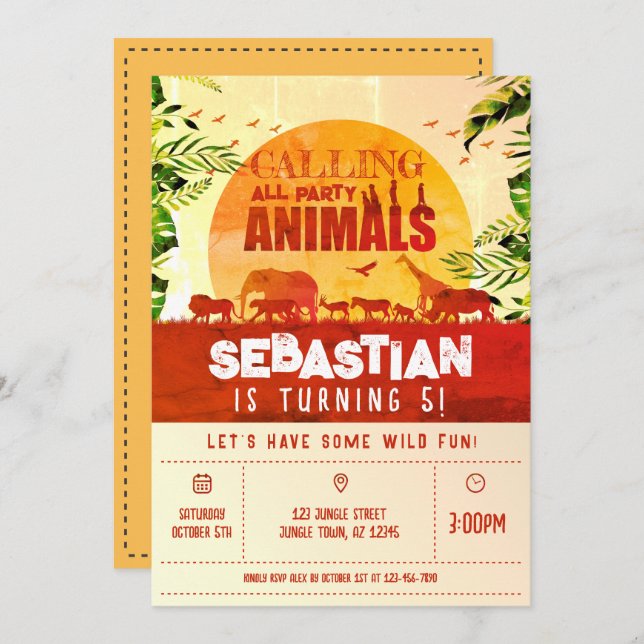 Boho Jungle Safari Wild Animals Kids Birthday Invitation (Front/Back)