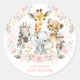 Boho Jungle Wild Animals Pink Floral Baby Girl Classic Round Sticker