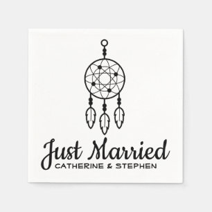 Boho Just Married Dream Catcher Wedding Black Napkin