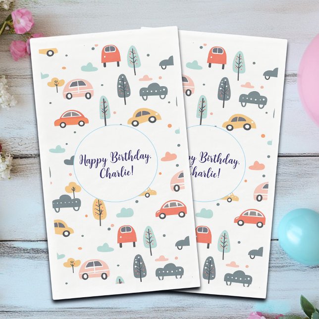 Boho Kids Cars, Trees & Clouds Pattern Birthday Napkin (Creator Uploaded)