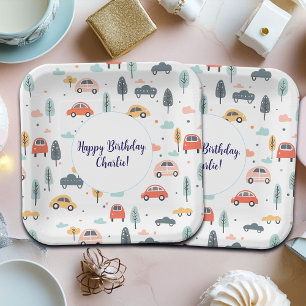 Boho Kids Cars, Trees & Clouds Pattern Birthday Paper Plate