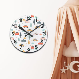 Boho Kids Cars, Trees & Clouds Pattern Nursery Round Clock