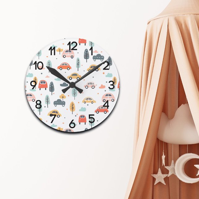 Boho Kids Cars, Trees & Clouds Pattern Nursery Round Clock (Creator Uploaded)