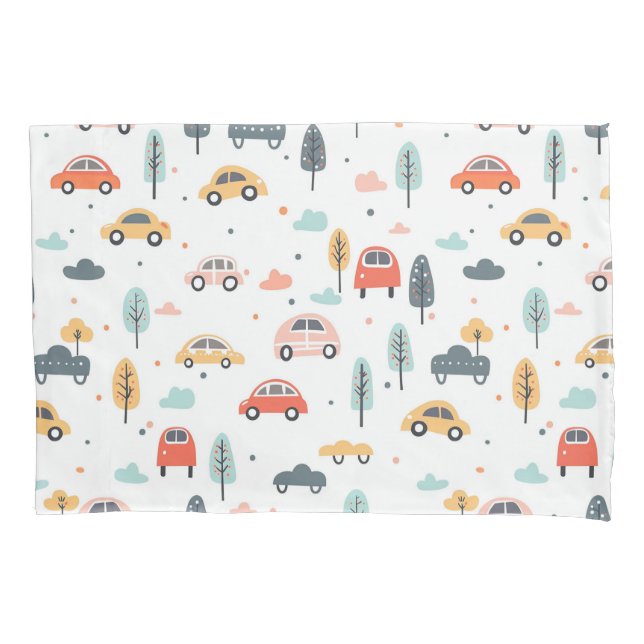 Boho Kids Cars, Trees & Clouds Pattern Pillowcase (Front)