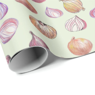 Boho Kitchen Onions Hand-Illustrated Sage Veggie Wrapping Paper