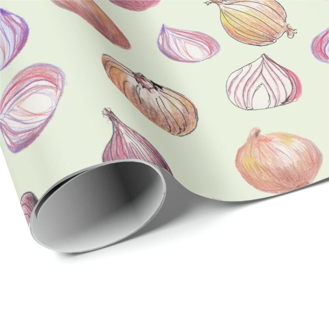 Boho Kitchen Onions Hand-Illustrated Sage Veggie Wrapping Paper (Roll Corner)
