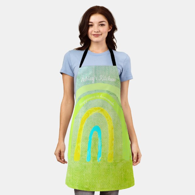 Boho Kitchen Rainbow 'Happiness is Homemade'  Apron (Worn)