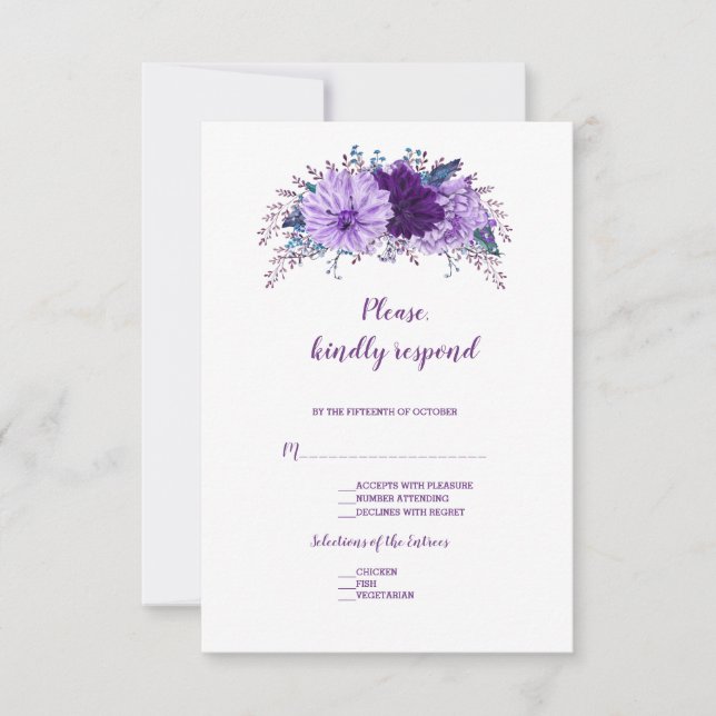 Boho Lavender Floral Plum Purple Wedding RSVP (Front)