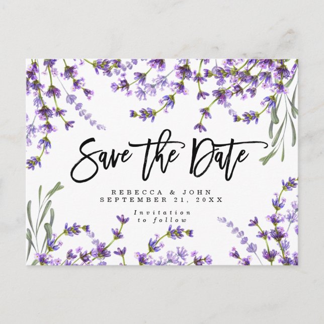 boho lavender floral wedding save the date card (Front)