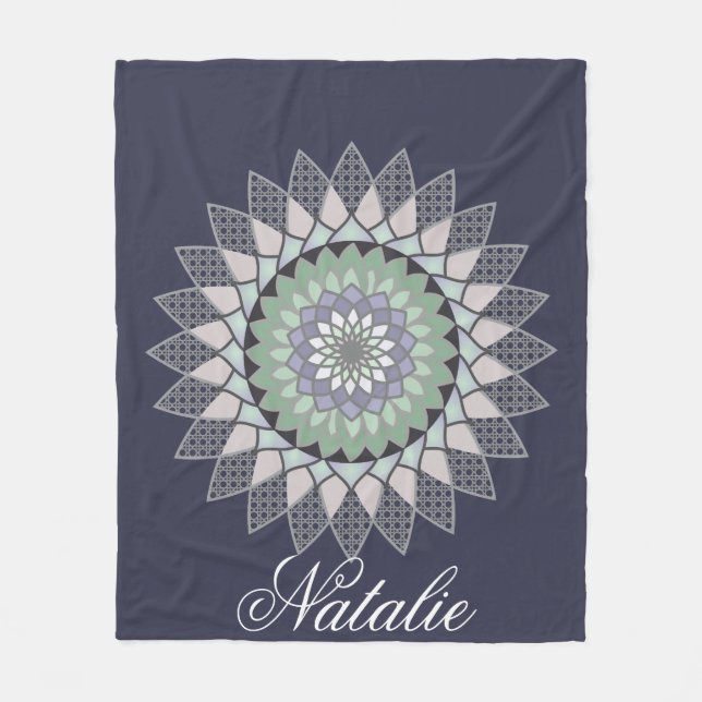 Boho Lavender Lotus Mandala Monogram Fleece Blanket (Front)